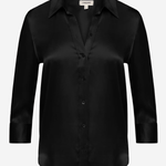 A black long-sleeve button-up shirt with a satin-like sheen, displayed on a clean white background.