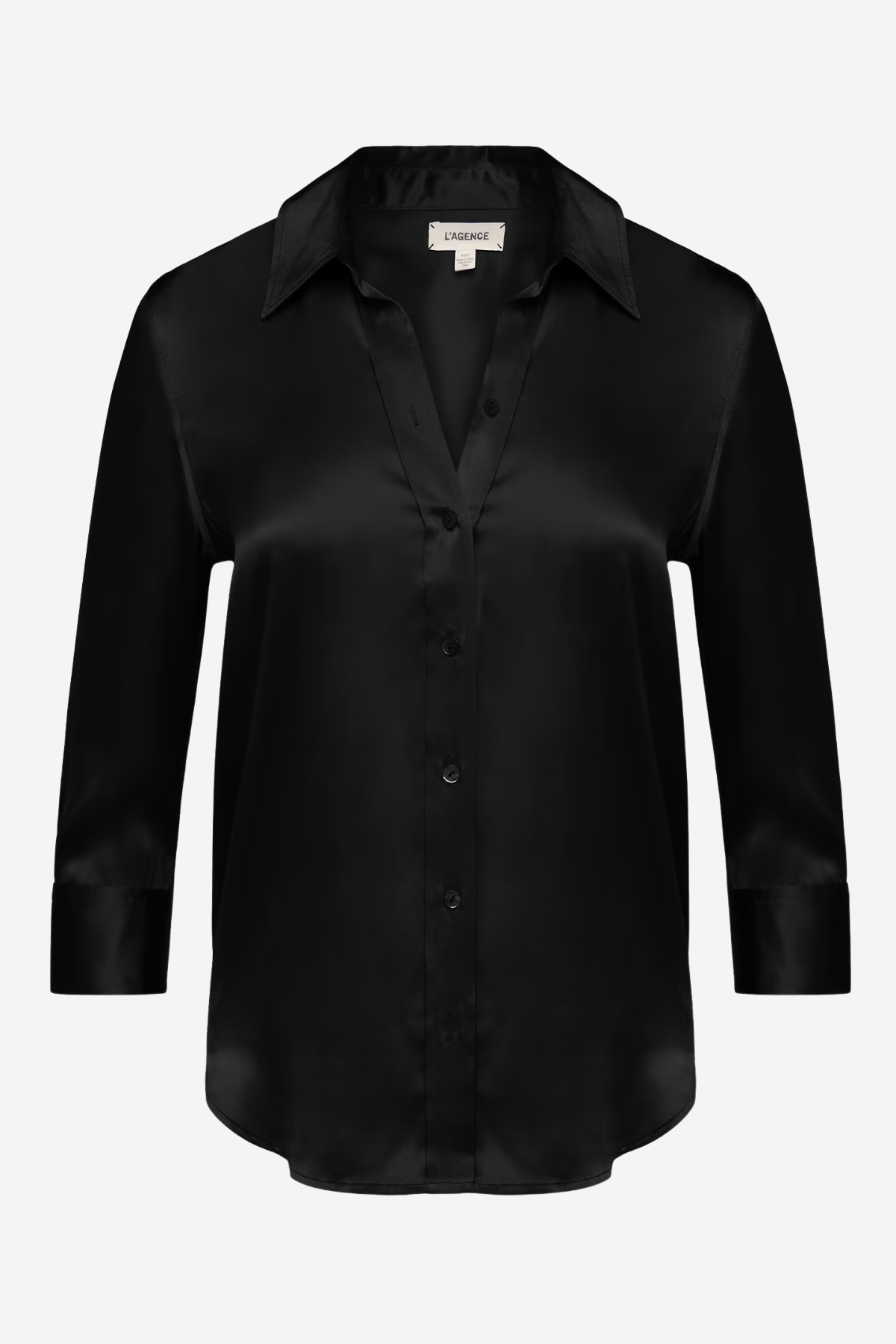 A black long-sleeve button-up shirt with a satin-like sheen, displayed on a clean white background.
