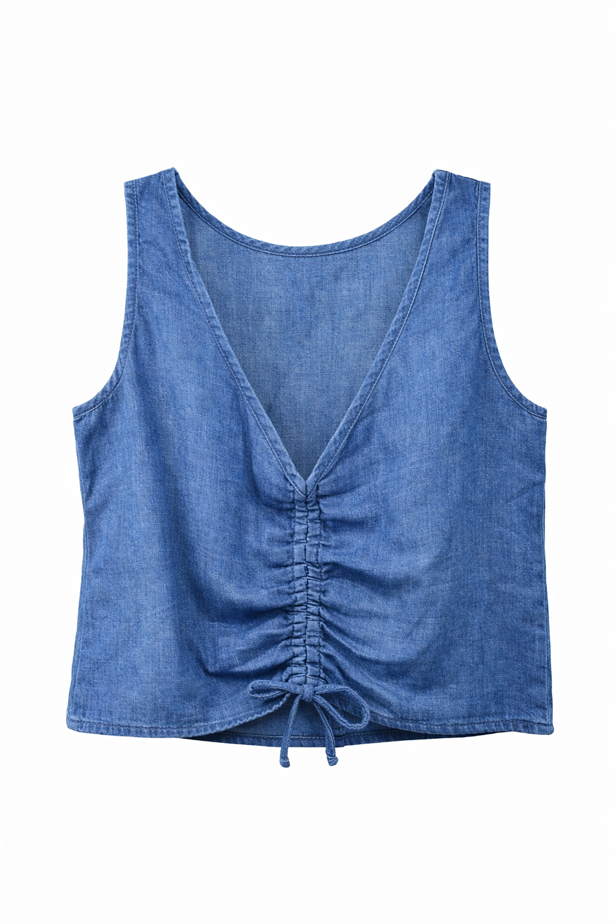 Blue denim tank top with ruched front on a white background