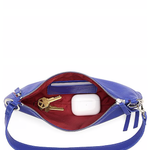 Blue Hammitt Kyle shoulder bag with silver hardware, photographed against a minimal background.