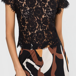 Black lace top worn by a person with a white background