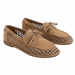 womens woven boat shoe on white background 