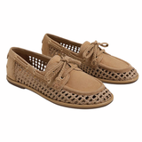 womens woven boat shoe on white background 
