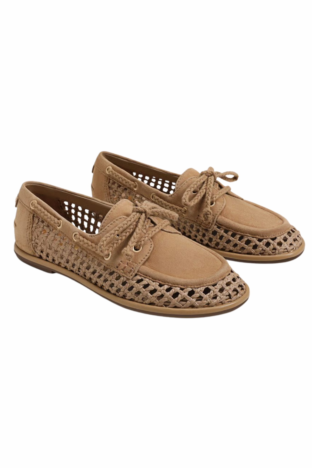 womens woven boat shoe on white background 
