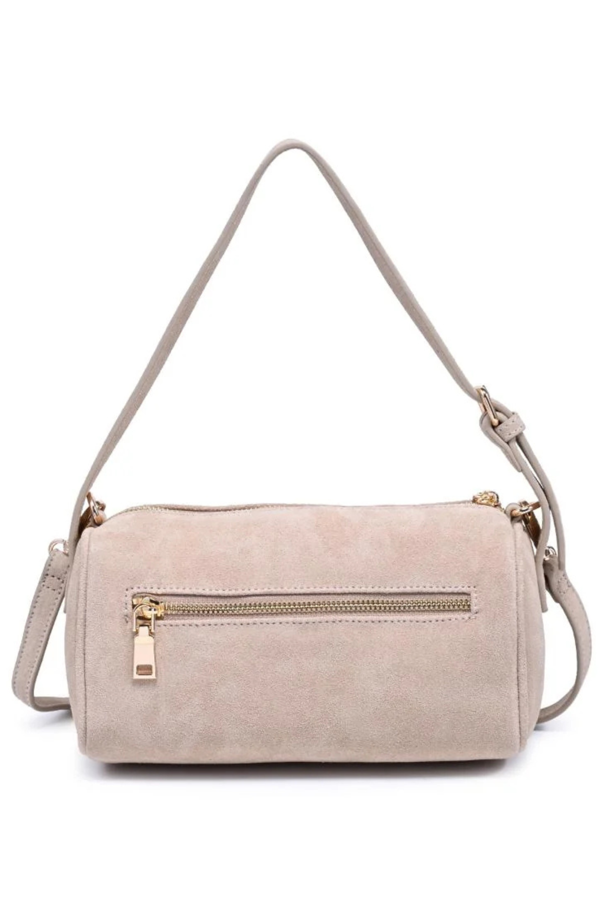 A light beige faux suede shoulder bag with a top zip closure, a front zippered pocket with a gold-tone pull, and a matching adjustable shoulder strap, shown against a plain white background.
