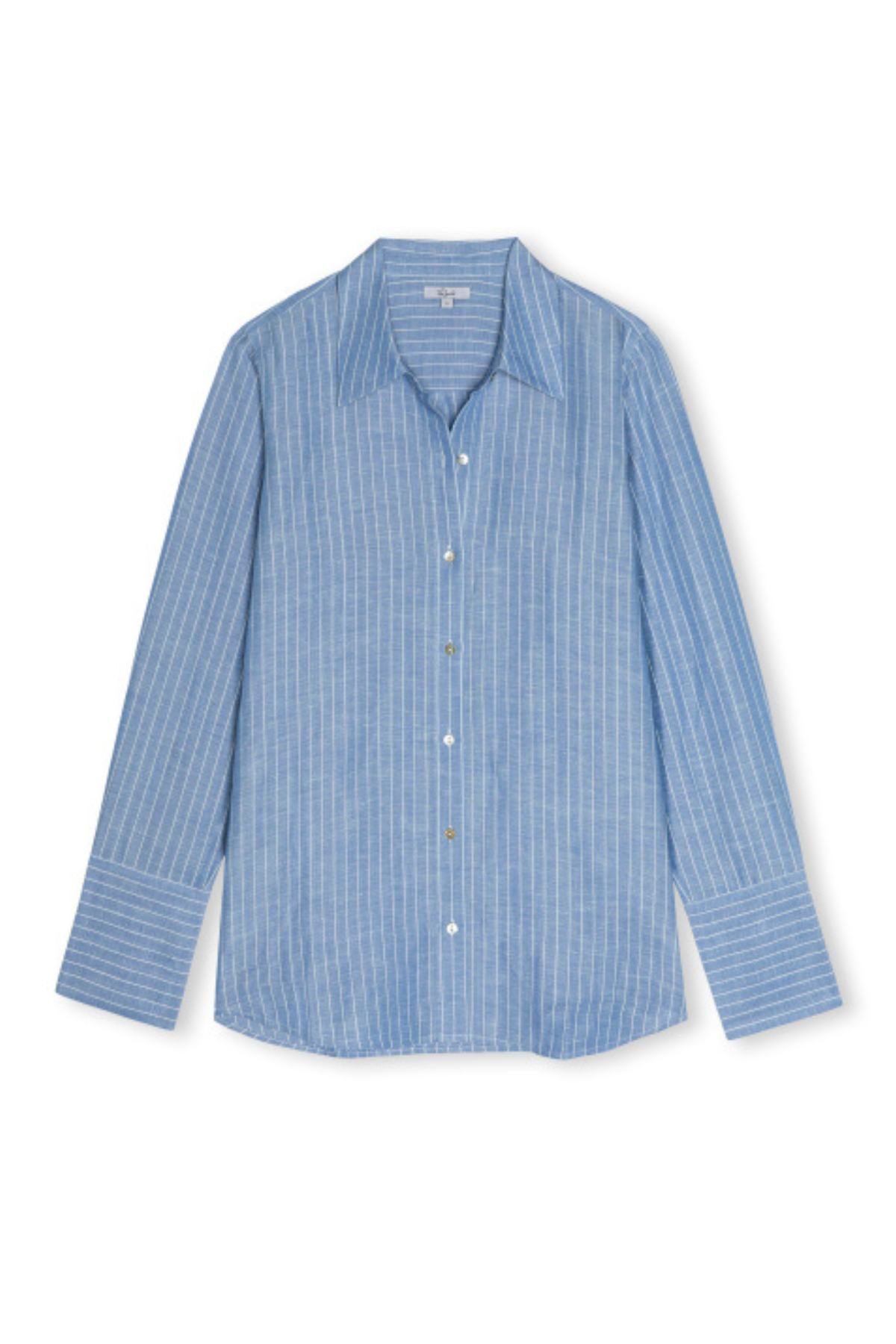 blue stripe button down on white background 