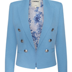 Light blue blazer with floral lining on a white background