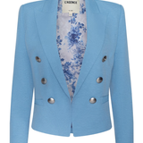 Light blue blazer with floral lining on a white background