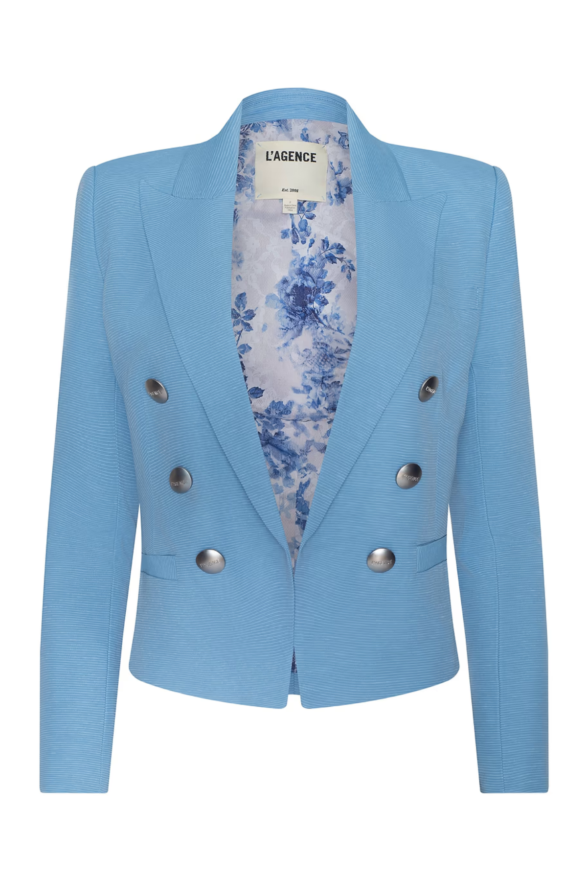 Light blue blazer with floral lining on a white background