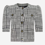 A black and white plaid tweed jacket with puff sleeves, a round neckline, and decorative gold-tone buttons on the front and chest pockets, shown against a plain light gray background.