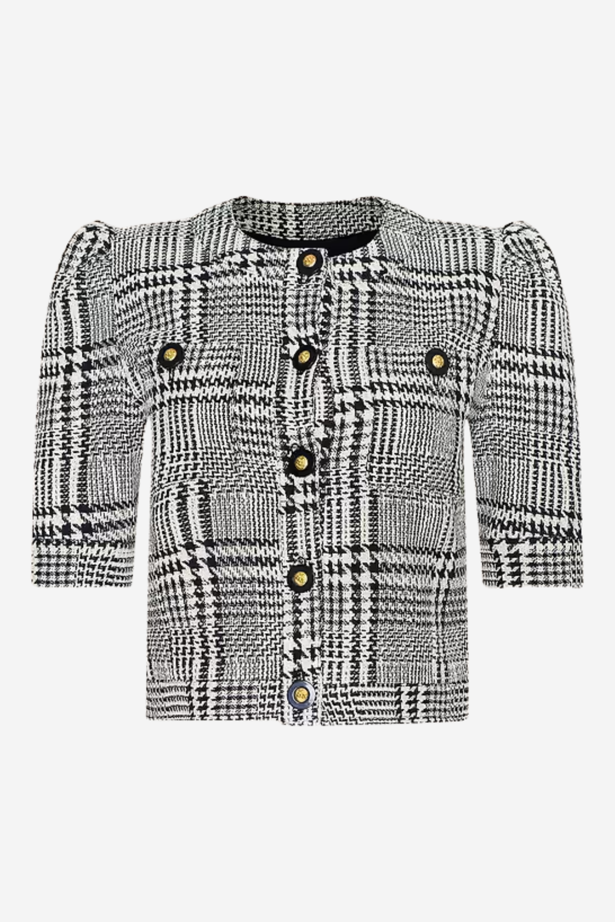 A black and white plaid tweed jacket with puff sleeves, a round neckline, and decorative gold-tone buttons on the front and chest pockets, shown against a plain light gray background.