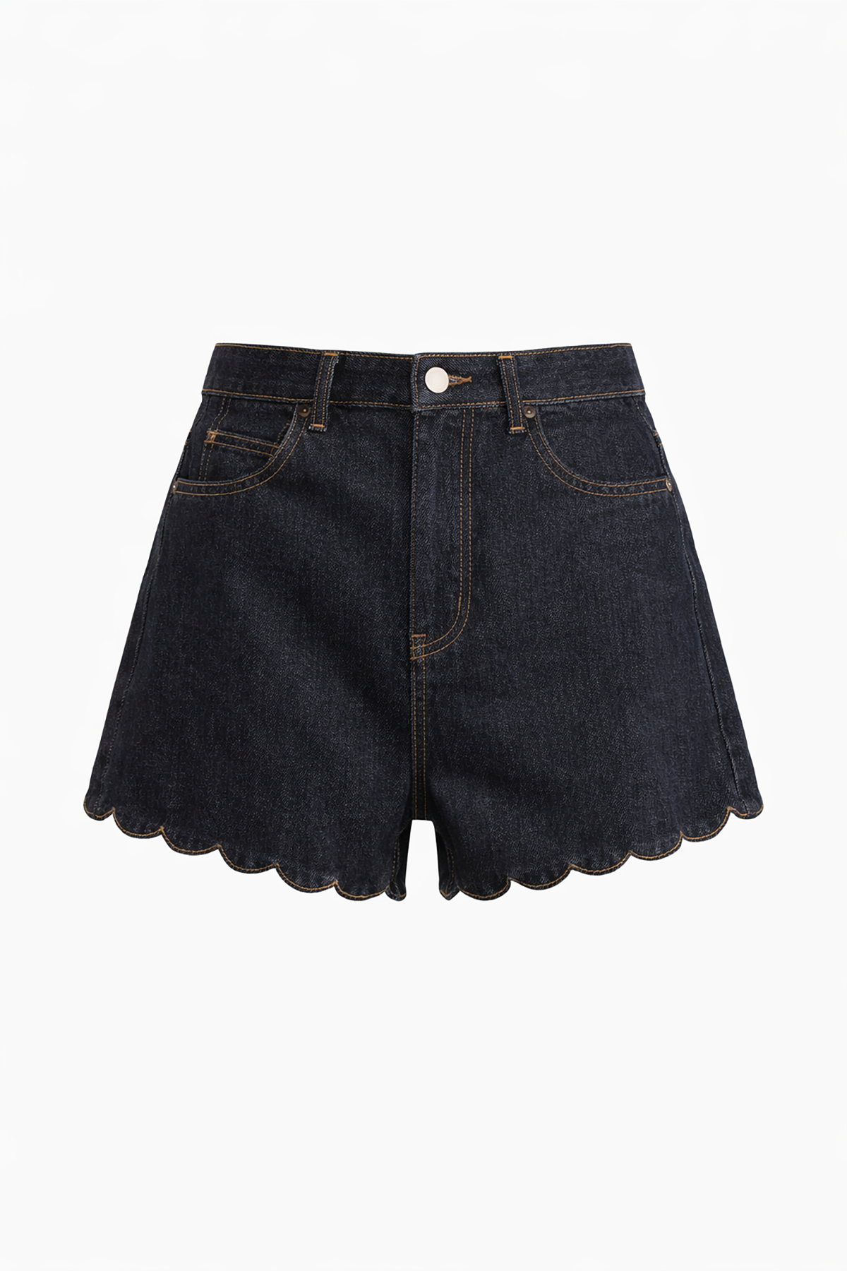 Black denim shorts with scalloped hem on a white background
