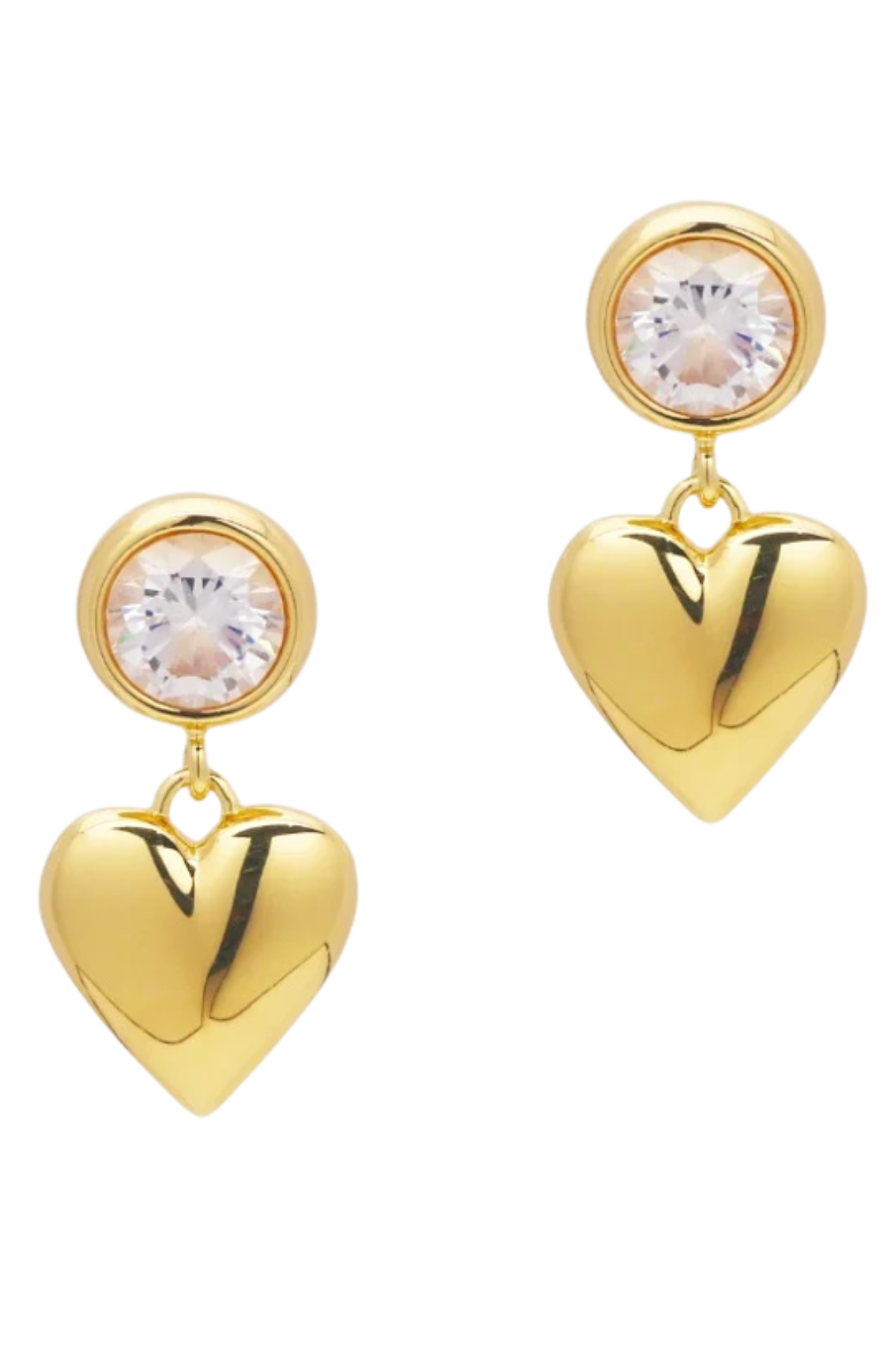 A pair of gold heart drop earrings with clear round gemstones at the top, shown on a plain white background.