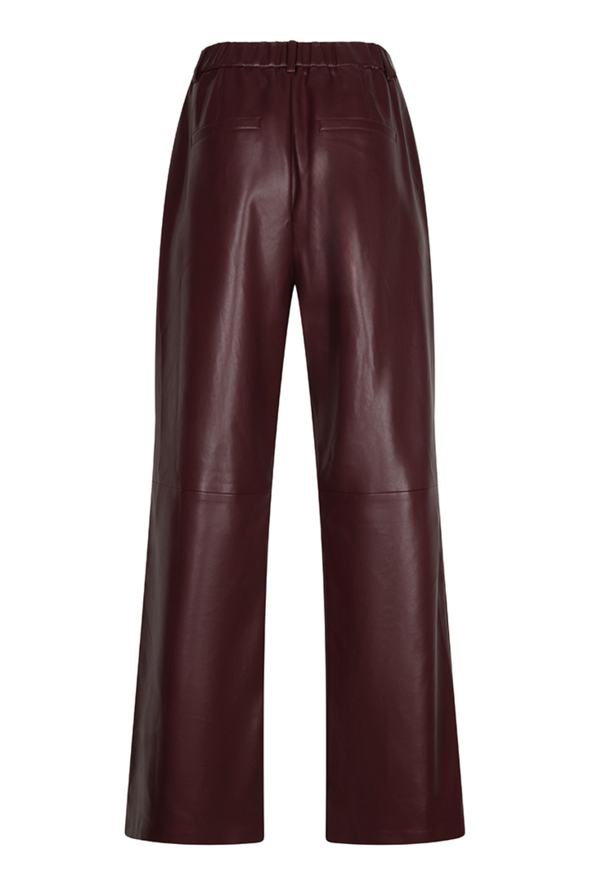 A pair of wide-leg trousers in a deep burgundy faux leather, shown from the back against a plain white background.