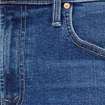 Close-up of blue jeans with stitching and button details