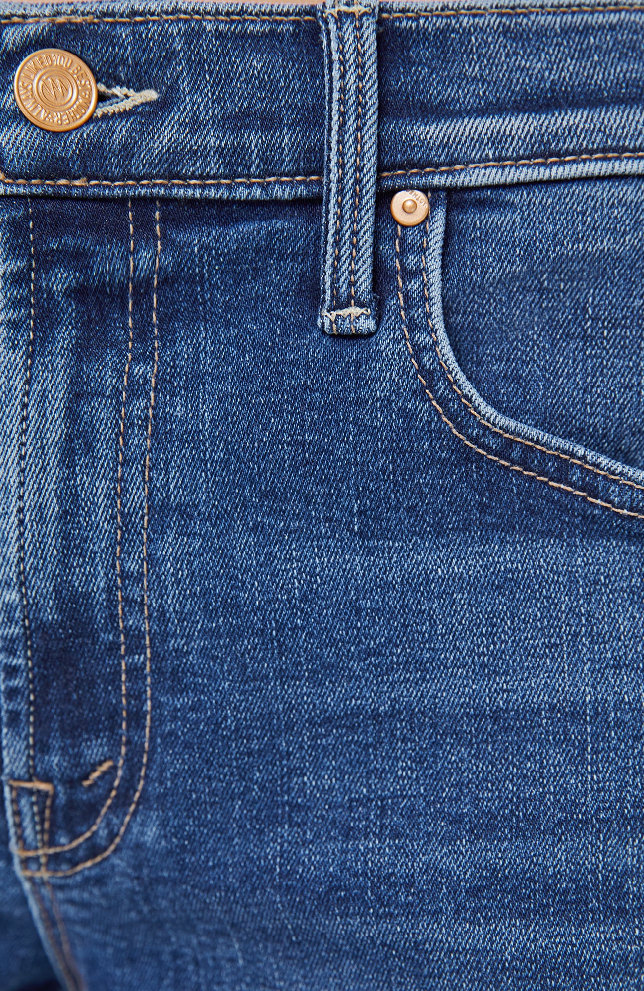 Close-up of blue jeans with stitching and button details