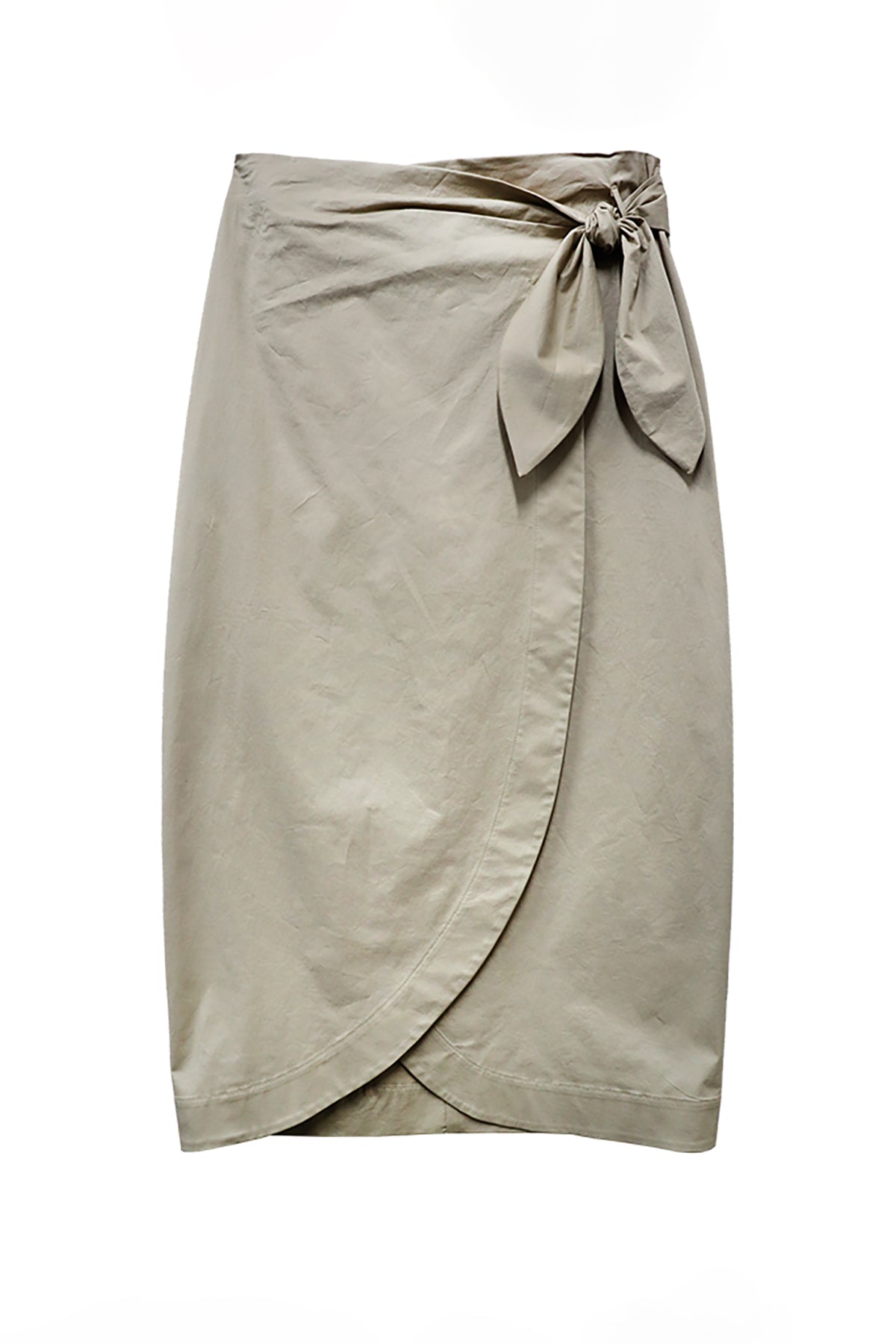 Beige wrap skirt with a tie detail on a white background