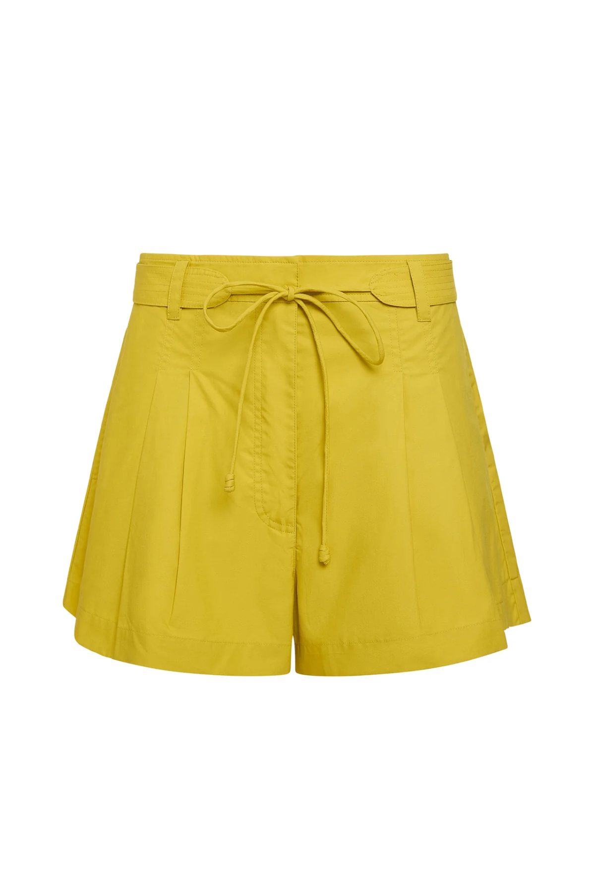 Yellow shorts with a tie waist on a white background