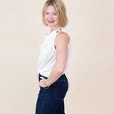 Sleeveless Cowl Neck Gold Ring Appliques Blouse