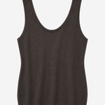 A black ribbed knit tank top with a wide scoop neckline, displayed against a light gray background.