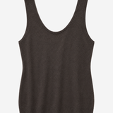 A black ribbed knit tank top with a wide scoop neckline, displayed against a light gray background.