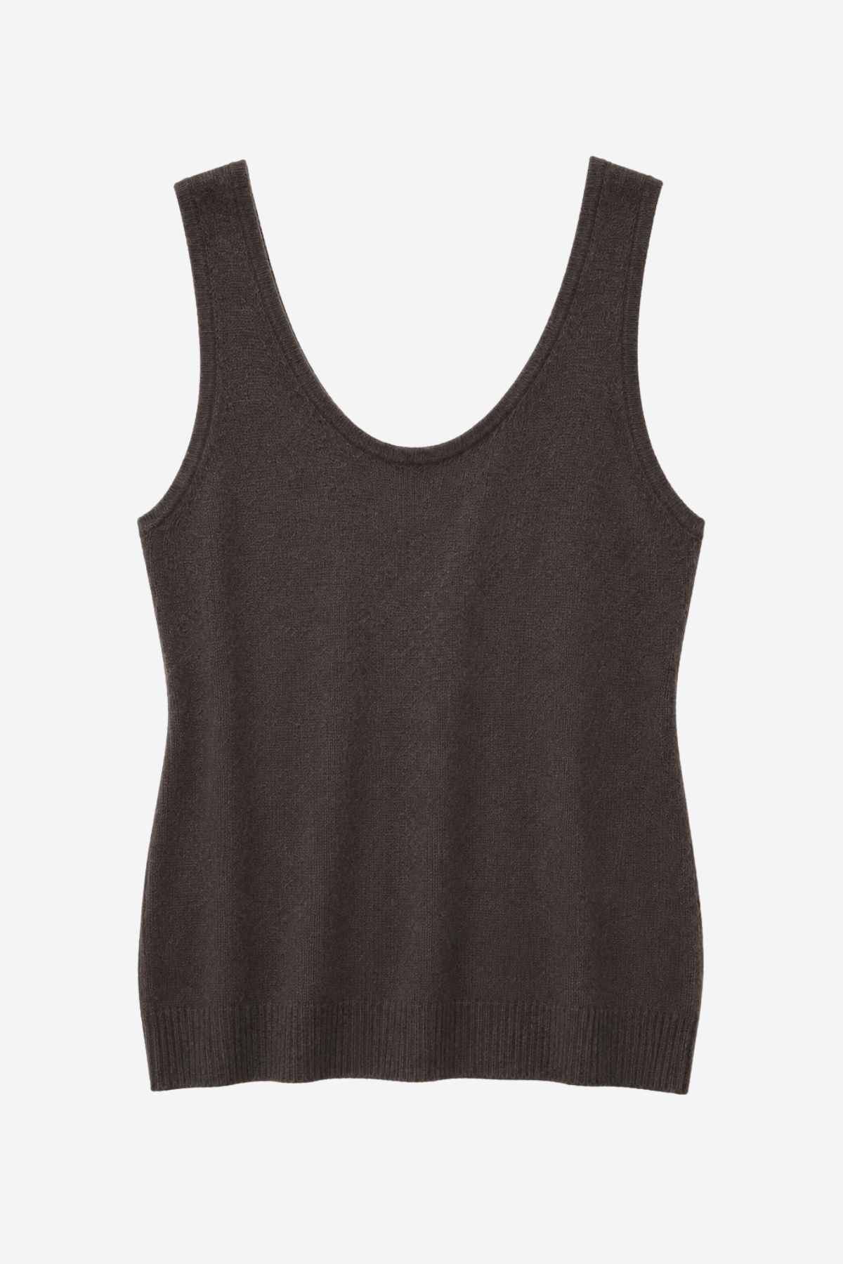 A black ribbed knit tank top with a wide scoop neckline, displayed against a light gray background.