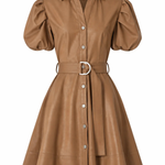 A tan faux-leather mini dress with puff sleeves, a button-down front, and a matching tie belt with a silver buckle, shown on a plain white background.