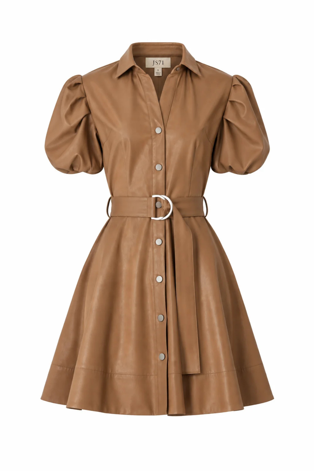 A tan faux-leather mini dress with puff sleeves, a button-down front, and a matching tie belt with a silver buckle, shown on a plain white background.