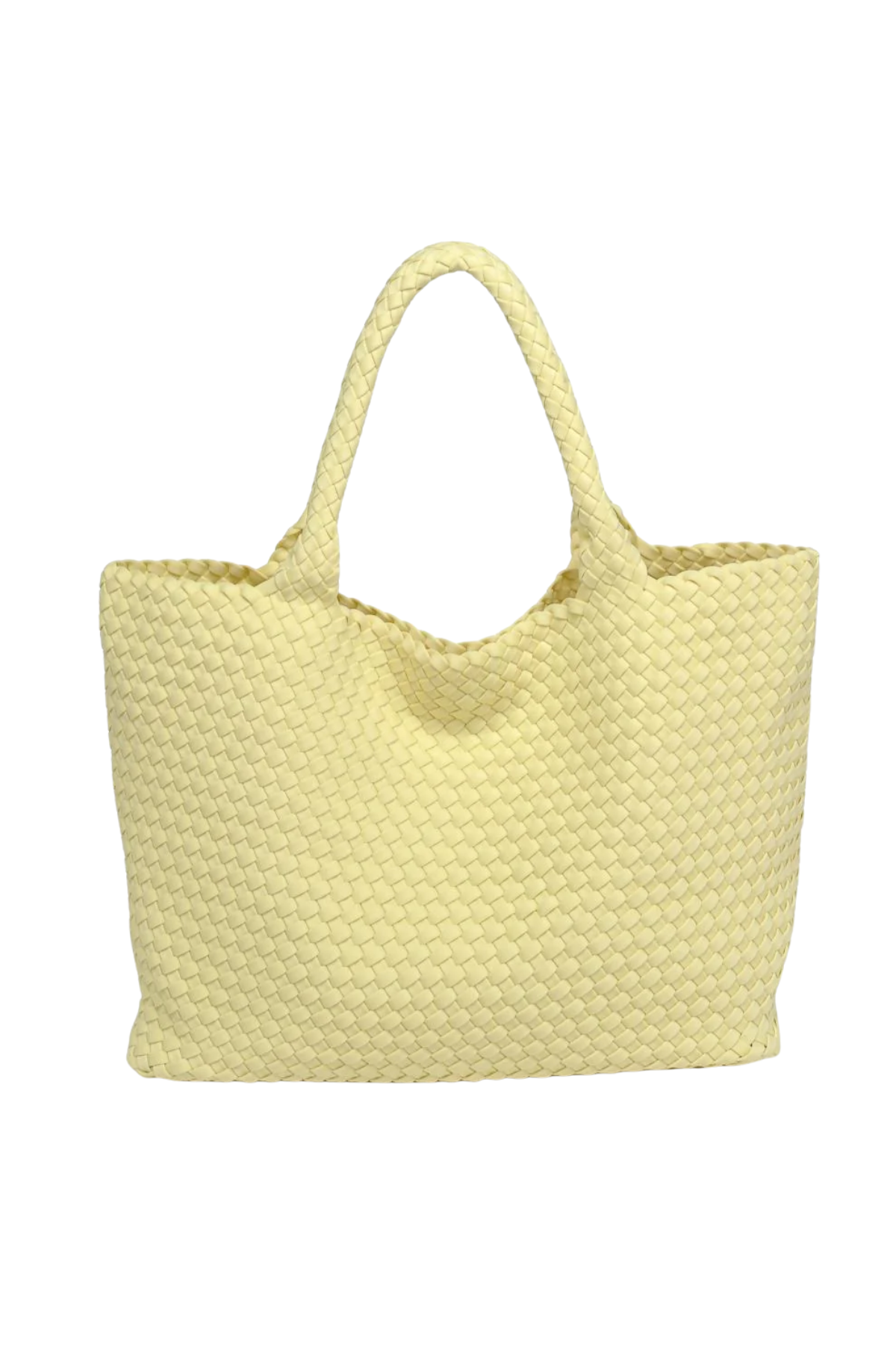 Yellow woven tote bag on a white background