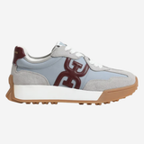 A light blue suede and mesh sneaker with a large dark red 'GG' logo on the side, white laces, a white midsole, and a brown gum outsole, shown against a light gray background.