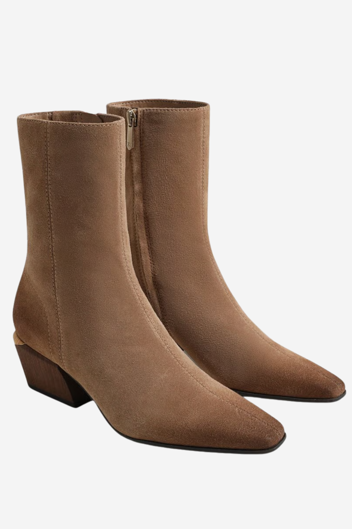 A pair of taupe brown suede ankle boots with pointed toes and low block heels, shown on a light gray background.