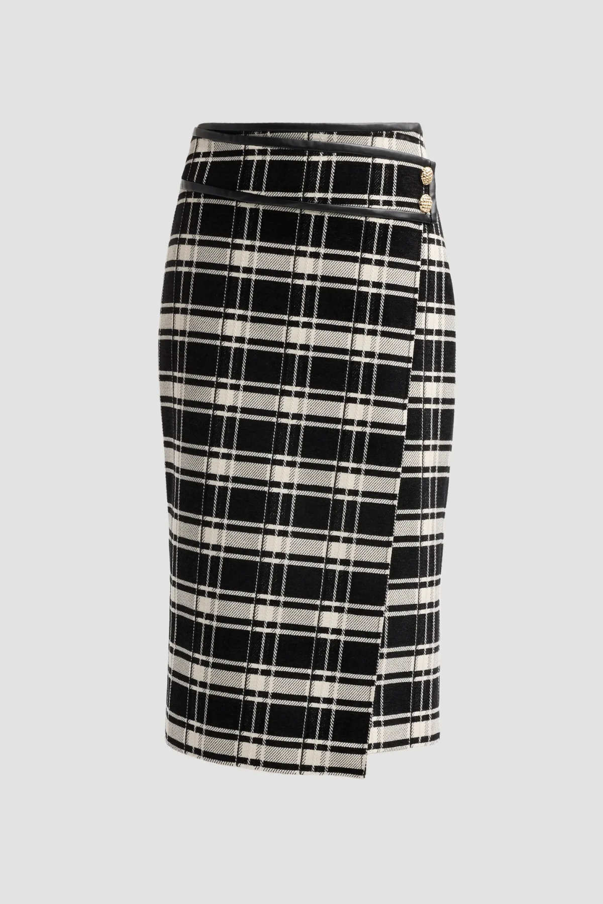 A black and off-white plaid wrap pencil skirt with a small gold button detail on the front, shown against a solid light gray background.