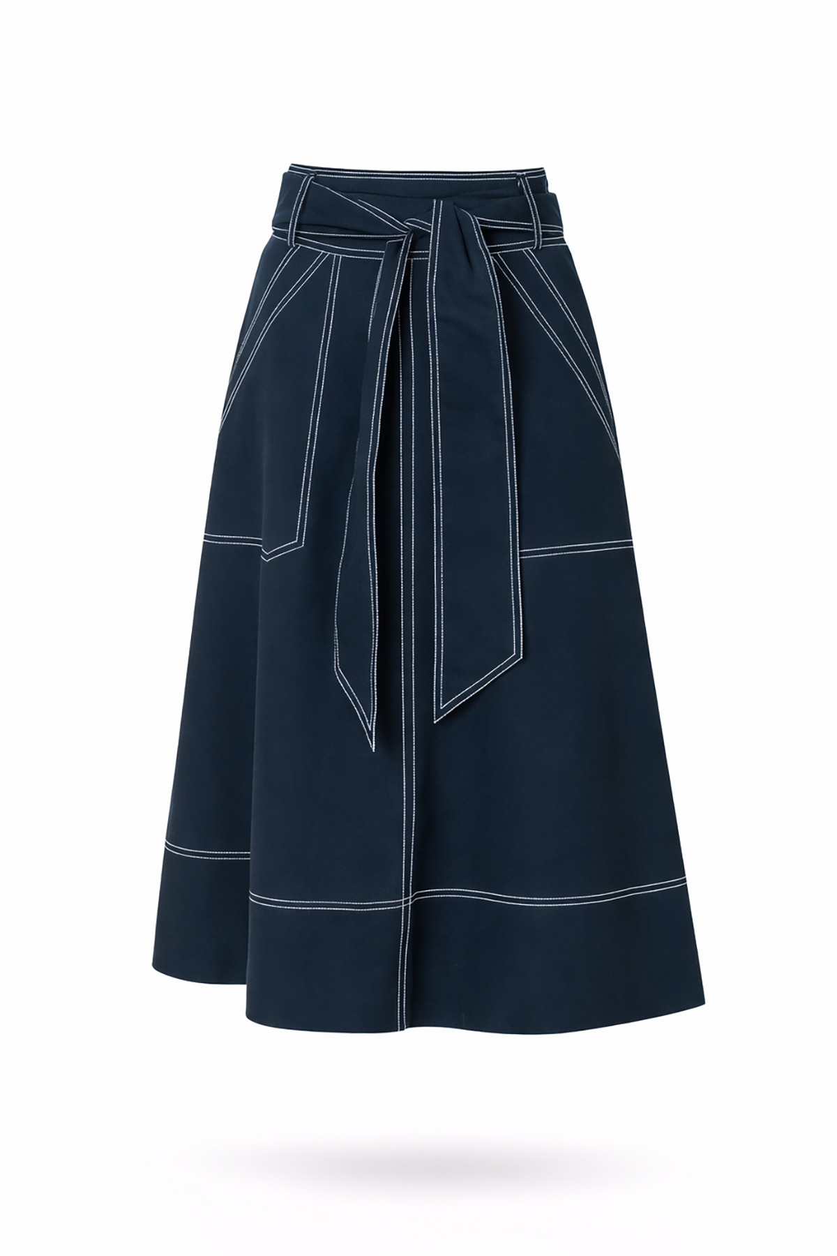 Navy blue skirt with white stitching on a white background