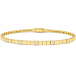 A yellow gold tennis bracelet featuring a repeating pattern of small square links and five evenly spaced round-cut clear gemstones, presented on a solid white background.