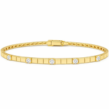 A yellow gold tennis bracelet featuring a repeating pattern of small square links and five evenly spaced round-cut clear gemstones, presented on a solid white background.