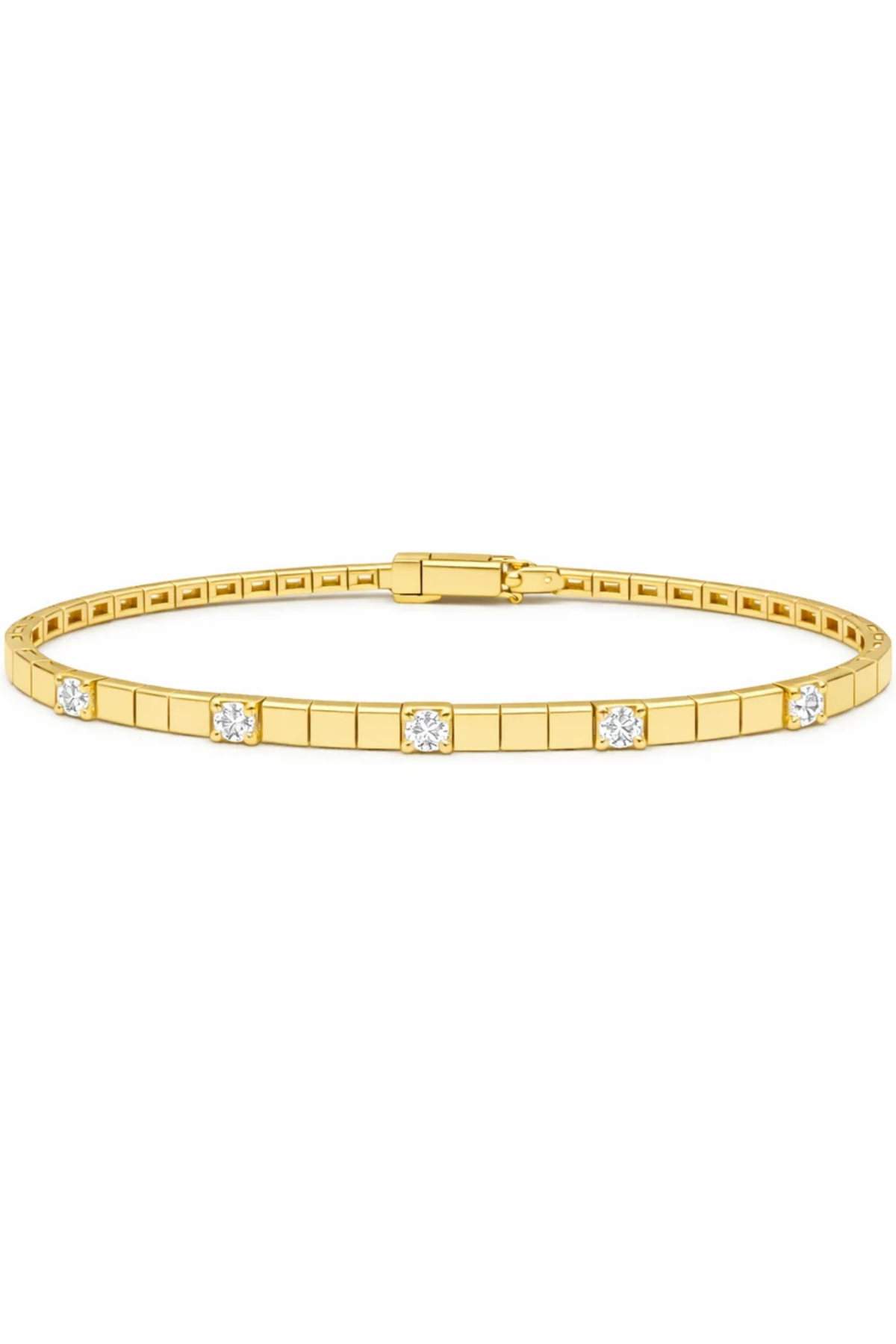 A yellow gold tennis bracelet featuring a repeating pattern of small square links and five evenly spaced round-cut clear gemstones, presented on a solid white background.