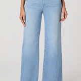 Light blue jeans worn by a person on a white background