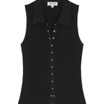 Black sleeveless button-up shirt on a white background