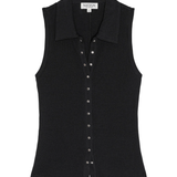 Black sleeveless button-up shirt on a white background