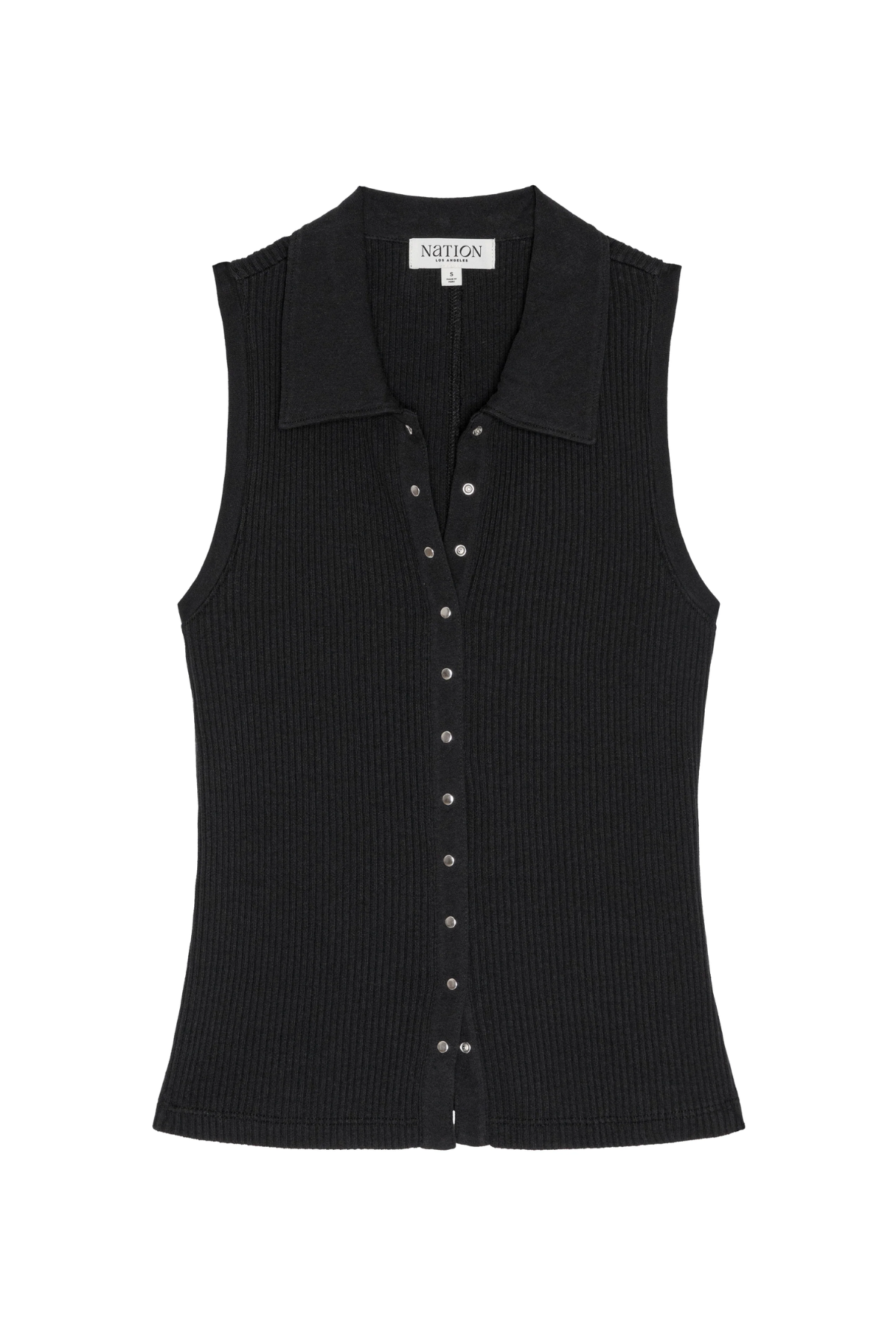 Black sleeveless button-up shirt on a white background
