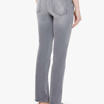 Woman wearing grey straight-leg jeans with a soft, structured fit and clean lines