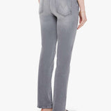 Woman wearing grey straight-leg jeans with a soft, structured fit and clean lines