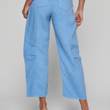 Light blue pants worn by a person on a plain background