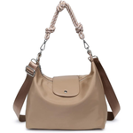 Beige handbag with a knotted handle on a white background