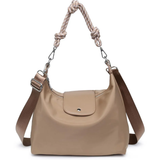 Beige handbag with a knotted handle on a white background