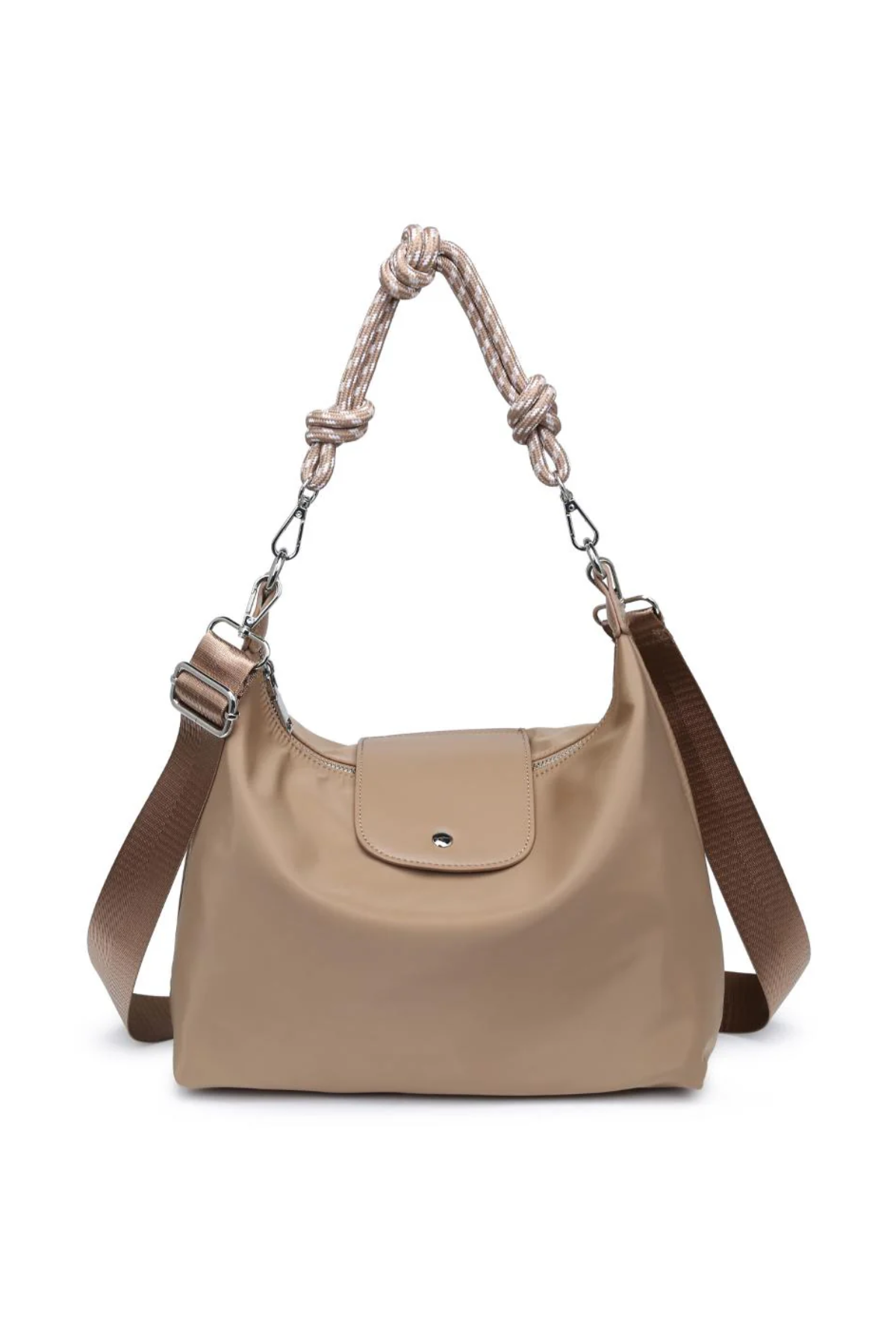 Beige handbag with a knotted handle on a white background