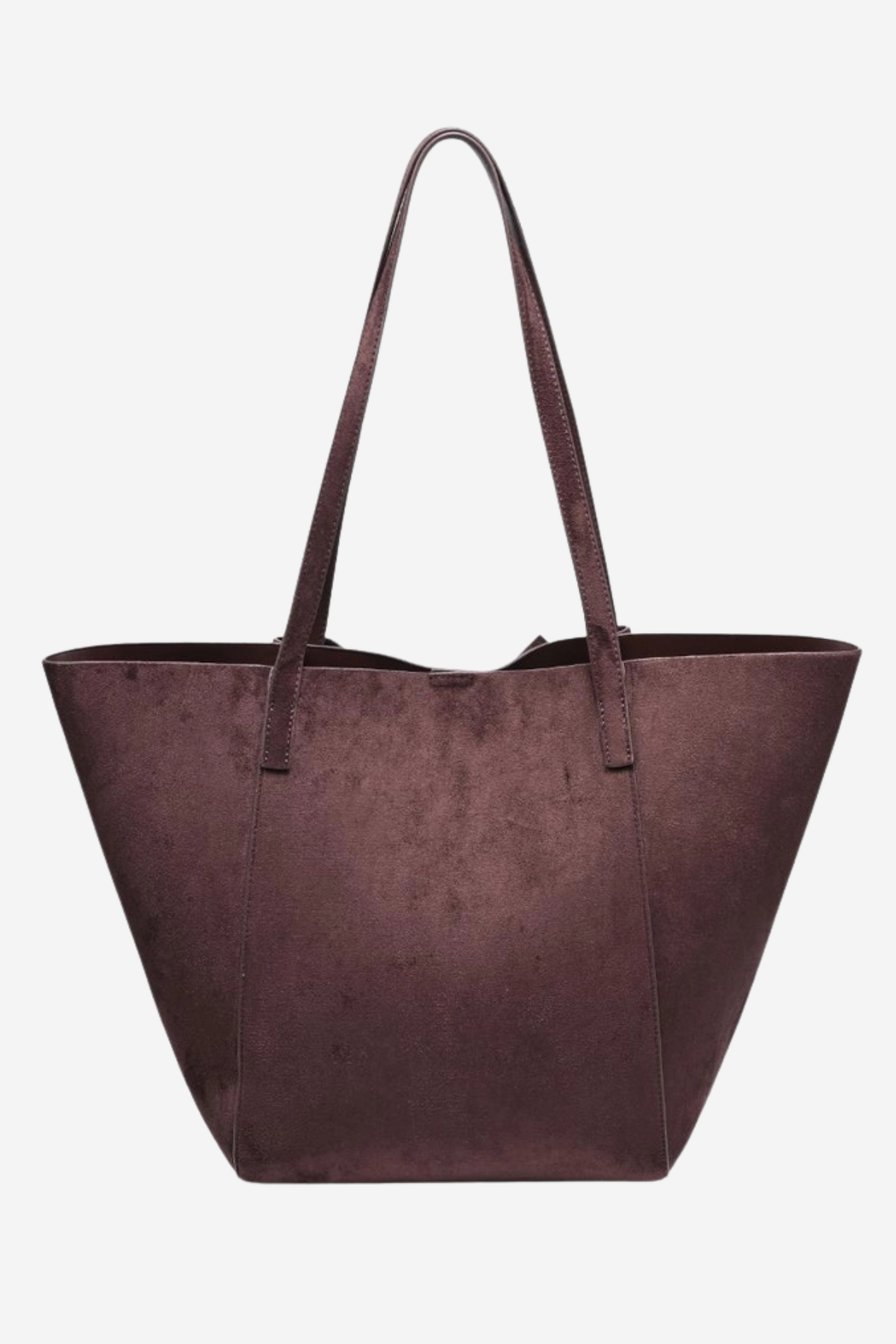 A large structured tote bag in a deep plum purple faux suede material, featuring two shoulder straps, shown against a plain light gray background.