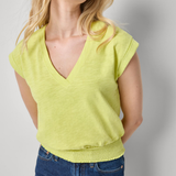 woman in vneck yellow tee on white background 