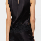 Black sleeveless top with lace detailing on a white background