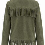 An olive green suede jacket with fringe detailing across the chest and hem, shown from the back on a white background.